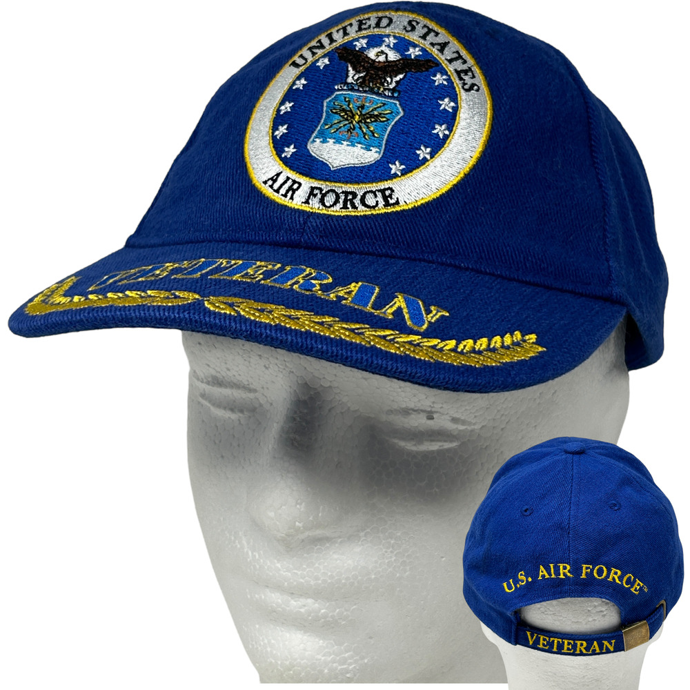 US Air Force Veteran Hat Cap Blue USAF Gold Leaf Leaves Strapback 6 Panel